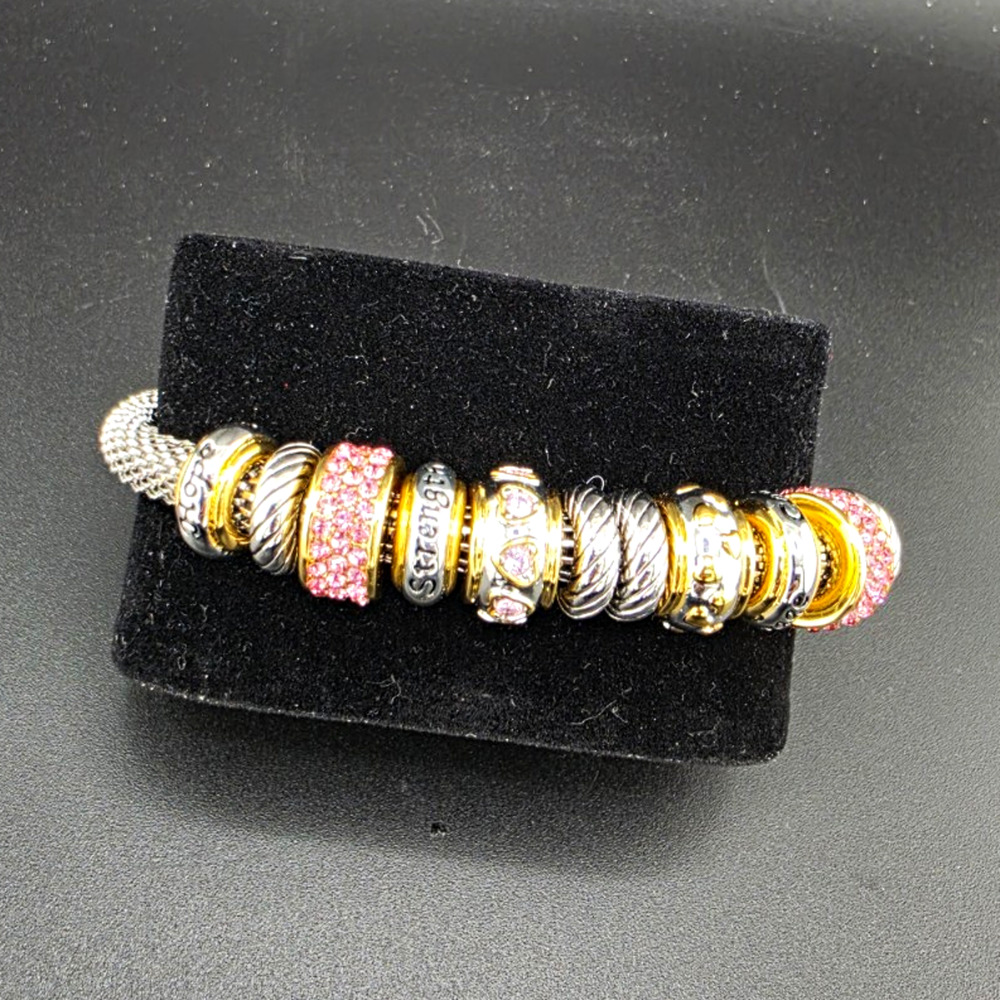 Silver Tone Beaded Charm Bracelet Pink Gold Pavé Round Rhinestone Beads